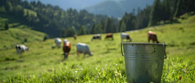 Close-up of an old milk pail surrounded by daisies in a lush meadow with cows grazing in the background amidst mountains.