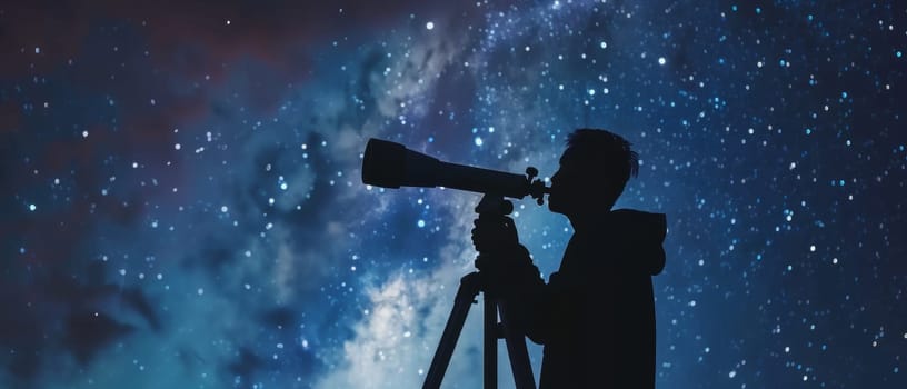 Silhouette of an astronomer using a telescope to explore the starry night sky, capturing the wonder of the cosmos