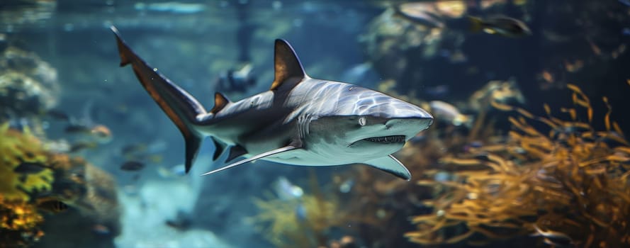 An awe-inspiring image capturing the serene motion of a shark swimming through the vibrant underwater landscape. Ideal for marine life and nature themes