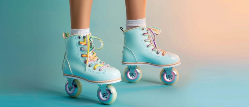 A close-up view of light blue roller skates with multicolored laces against a seamless gradient from turquoise to peach