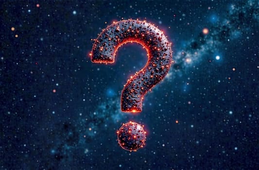 A glowing question mark floats in the dark cosmos, representing the endless questions and mysteries of space and existence.