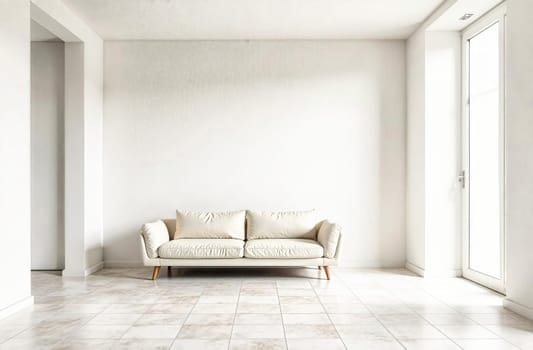 Bright interior features a light sofa, tiled floor, and empty walls, providing a clean and minimalistic atmosphere for design work.