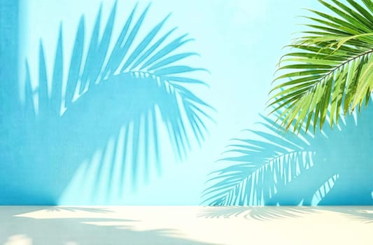 Bright blue background featuring lush palm tree shadows creates a tranquil, minimalist space ready for design inspiration.