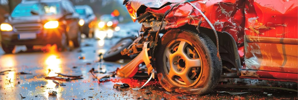 A severely damaged vehicle lies amidst scattered debris and fallen leaves on a city street, a harrowing scene of the aftermath of a violent collision