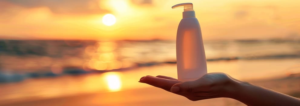 A hand holds a bright orange sunscreen bottle against the backdrop of a stunning sunset, with the silhouette of palm trees visible in the distance