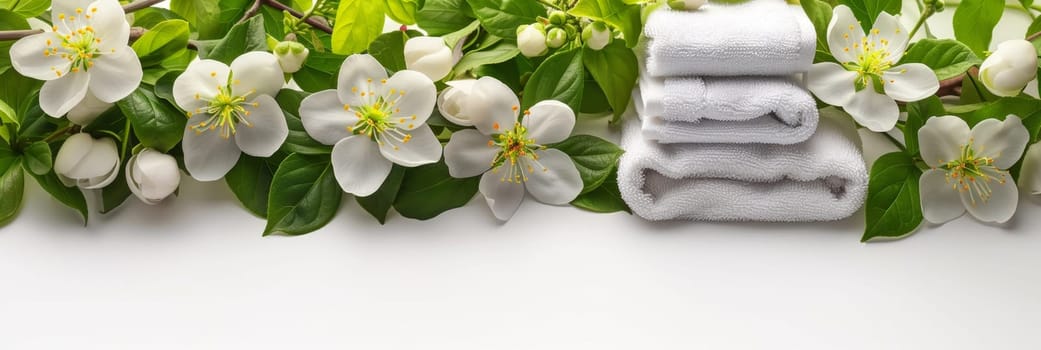 A white towel is placed on a white background with a bunch of white flowers. The flowers are arranged in a way that they are overlapping the towel. Concept of relaxation and tranquility, as the towel
