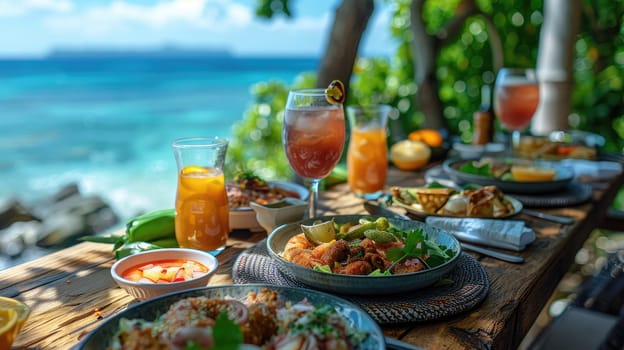 A beautiful spread of tropical cuisine is arranged on a rustic wooden table overlooking a stunning ocean view. Bright drinks accompany flavorful dishes ready to be enjoyed.