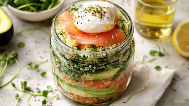 A colorful layered salad in a glass jar features quinoa, fresh salmon, creamy avocado, and a perfectly poached egg. Olive oil and lemon accompany the vibrant dish on a rustic table.