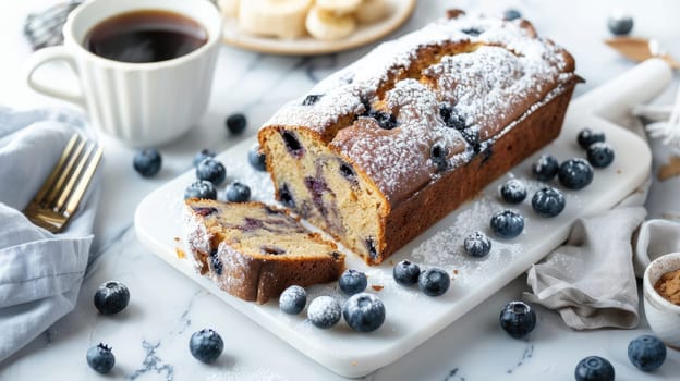 A freshly baked blueberry loaf cake sits on a marble countertop alongside a cup of coffee and scattered blueberries. A warm atmosphere enhances this inviting setup.