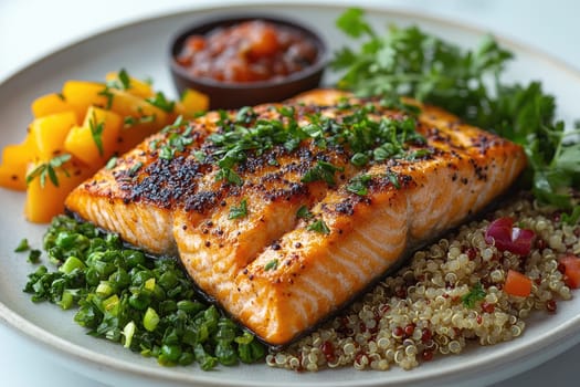 A perfectly grilled salmon fillet garnished with herbs rests on a plate alongside vibrant diced vegetables, a flavorful salsa, and a bed of quinoa, showcasing a healthy meal.