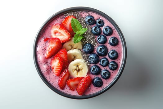 A vibrant smoothie bowl filled with strawberries, blueberries, banana slices, and chia seeds. Perfect for a nutritious morning meal or snack.