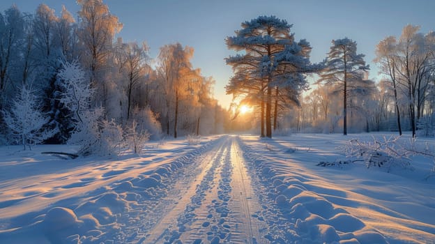 A serene winter morning unfolds with a soft glow of sunrise illuminating a snowy path. Frost-covered trees frame the scene, creating a peaceful atmosphere in the forest.
