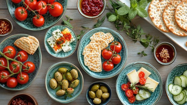 A vibrant assortment of tomatoes, olives, cheeses, and crackers is beautifully arranged on a wooden table, complemented by fresh herbs and flavorful sauces, inviting casual dining.
