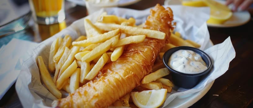 A plate of fried fish and golden fries served with a side of ketchup on a white plate