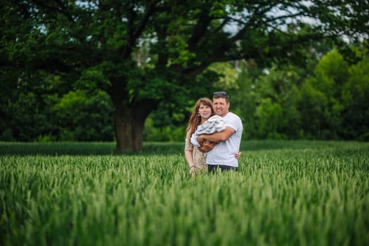 Parents holding their newborn baby are standing in a green wheat field with a big tree in the background, enjoying a sunny summer day
