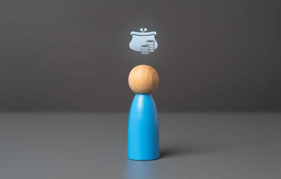 A figurine of a man with a savings wallet icon above his head. Wealth and prosperity. Savings and capital. Purchasing power. Investments. Financial literacy