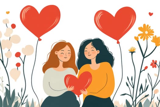 Two women in love holding a heart in their hands. Valentine's day.