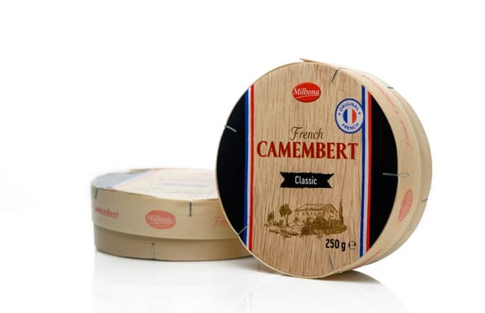 Gaziveren Cyprus -19.01.2025 Vivid packaging showcases a round camembert cheese, inviting culinary inspiration and gourmet experiences to savor.