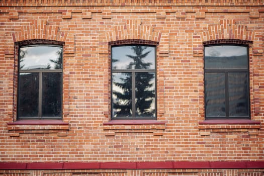 Pine tree reflecting on brick building facade windows in russian urban landscape, merging architectural symmetry with natural silhouettes