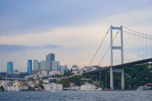 Beautiful Bridge and Modern Skyline Along a Calm Riverfront in a Majestic City