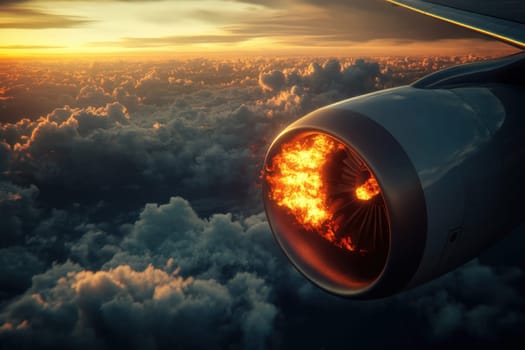 A dramatic scene of an airplane engine on fire while flying above a thick layer of clouds..