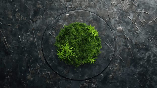 Dark grey grunge concrete wall and green grass. Generative AI image