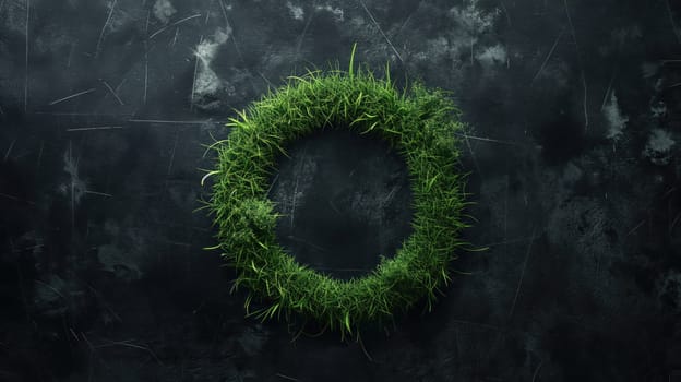Dark grey grunge concrete wall and green grass. Generative AI image