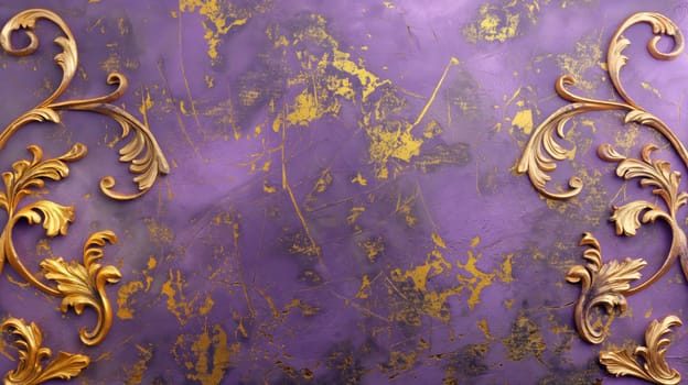 Golden decorative curls on bright violet grunge wall. Generative AI image
