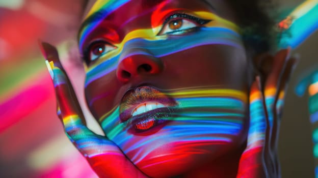 Attractive young female with colorful glowing neon lights stripes. Generative AI image