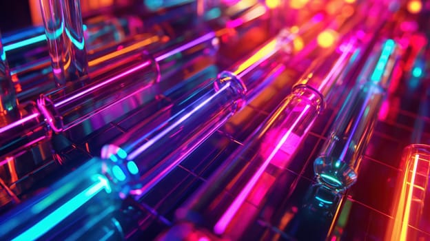 Holographic glass neon geometric shapes abstract background. Generative AI design