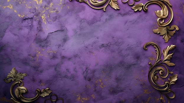 Golden decorative curls on bright violet grunge wall. Generative AI image