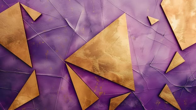 Violet grunge texture and golden triangles abstract geometric background. Generative AI design
