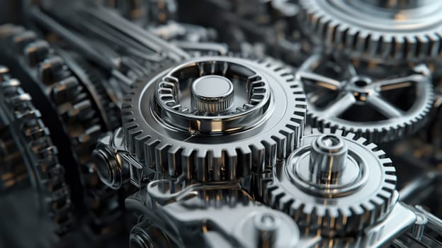 Metallic gear wheels, industrial tech background. Generative AI image