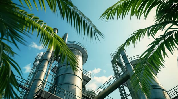 Industrial plant in the tropical jungle. Generative AI image