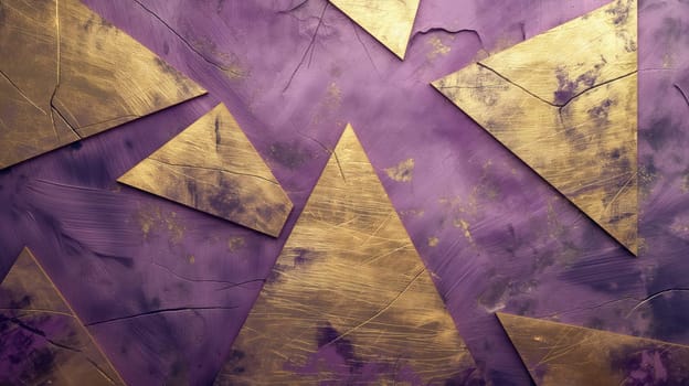 Violet grunge texture and golden triangles abstract geometric background. Generative AI design