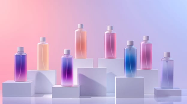 Set of colorful bottles on the pedestal. Generative AI image
