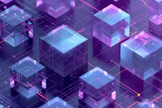 Glowing blue purple neon circuit board chip tech background with glass cubes. Generative AI design