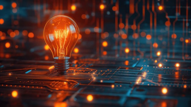 Glowing light bulb as CPU on motherboard circuit board. Generative AI design