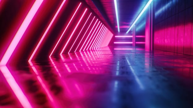 Abstract tunnel with neon laser lines. Generative AI design