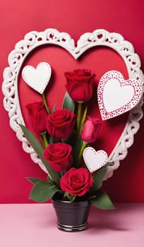 sweet cake heart love valentine's day dessert red pink roses cream food tasty beautiful decorated plate. High quality photo