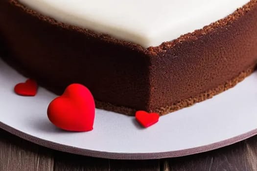 sweet cake heart love valentine's day dessert red pink roses cream food tasty beautiful decorated plate. High quality photo