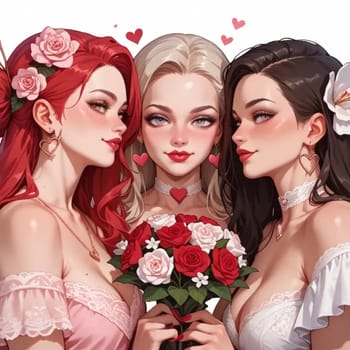 three young girls anime girlfriends red pink rose beautiful flowers love. High quality illustration