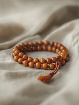 Close up of elegant prayer beads on soft fabric for spiritual reflection.