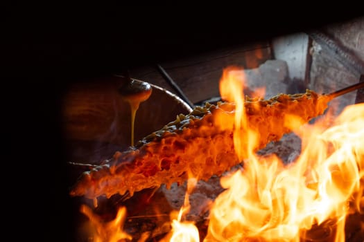 Wood-fired spit-roasted cake, Pyrenees-Atlantique, France. High quality photo