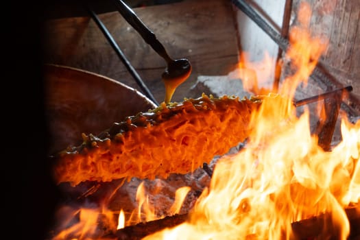Wood-fired spit-roasted cake, Pyrenees-Atlantique, France. High quality photo