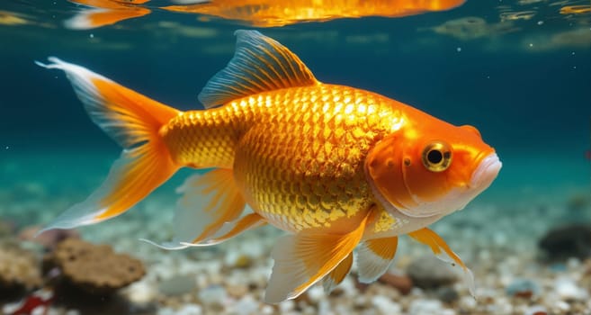 A gold fish swimming in the ocean. The fish is swimming in the water and has a bright orange color