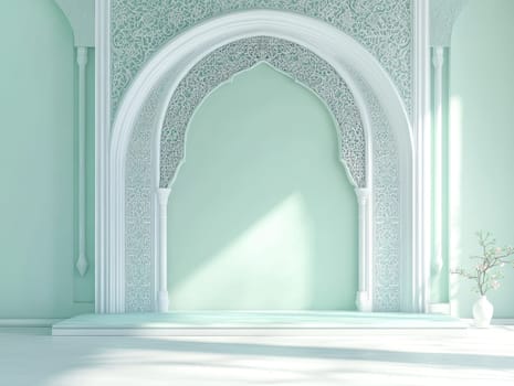 Elegant traditional Moroccan arch with intricate patterns in minimalist white interior design.