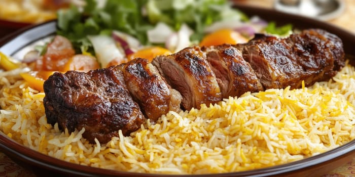 Authentic Ramadan dinner feast with delicious grilled meat and rice.