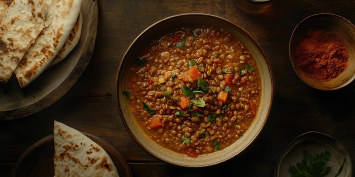 Delicious lentil soup with naan bread on a rustic wooden table. Perfect for cozy fall dinners.