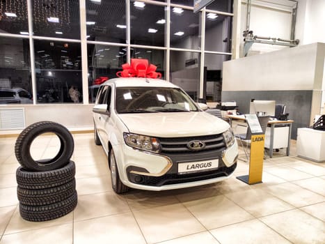 Kirov, Russia - September 19, 2024: Car named Lada in showroom of dealership Avtovaz